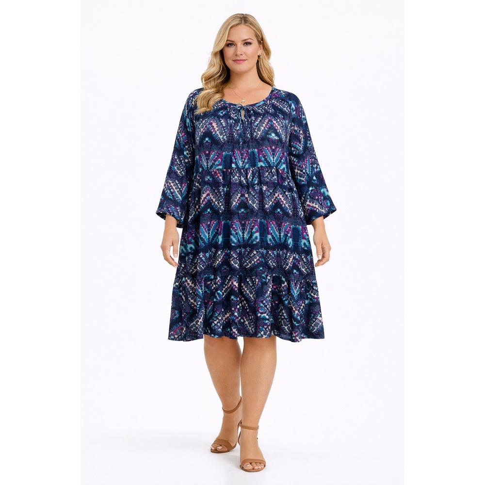Westbound Woman 2X NWT Tiered Blue Purple Tie Dye Split Neck Boho Tunic Dress